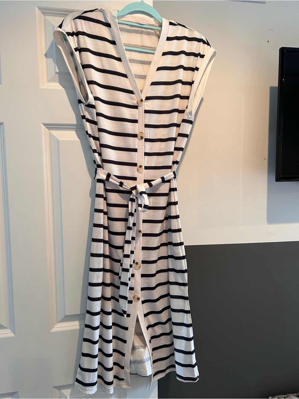 SHEIN Black & White Striped Button-Front Midi Dress with Tie Belt